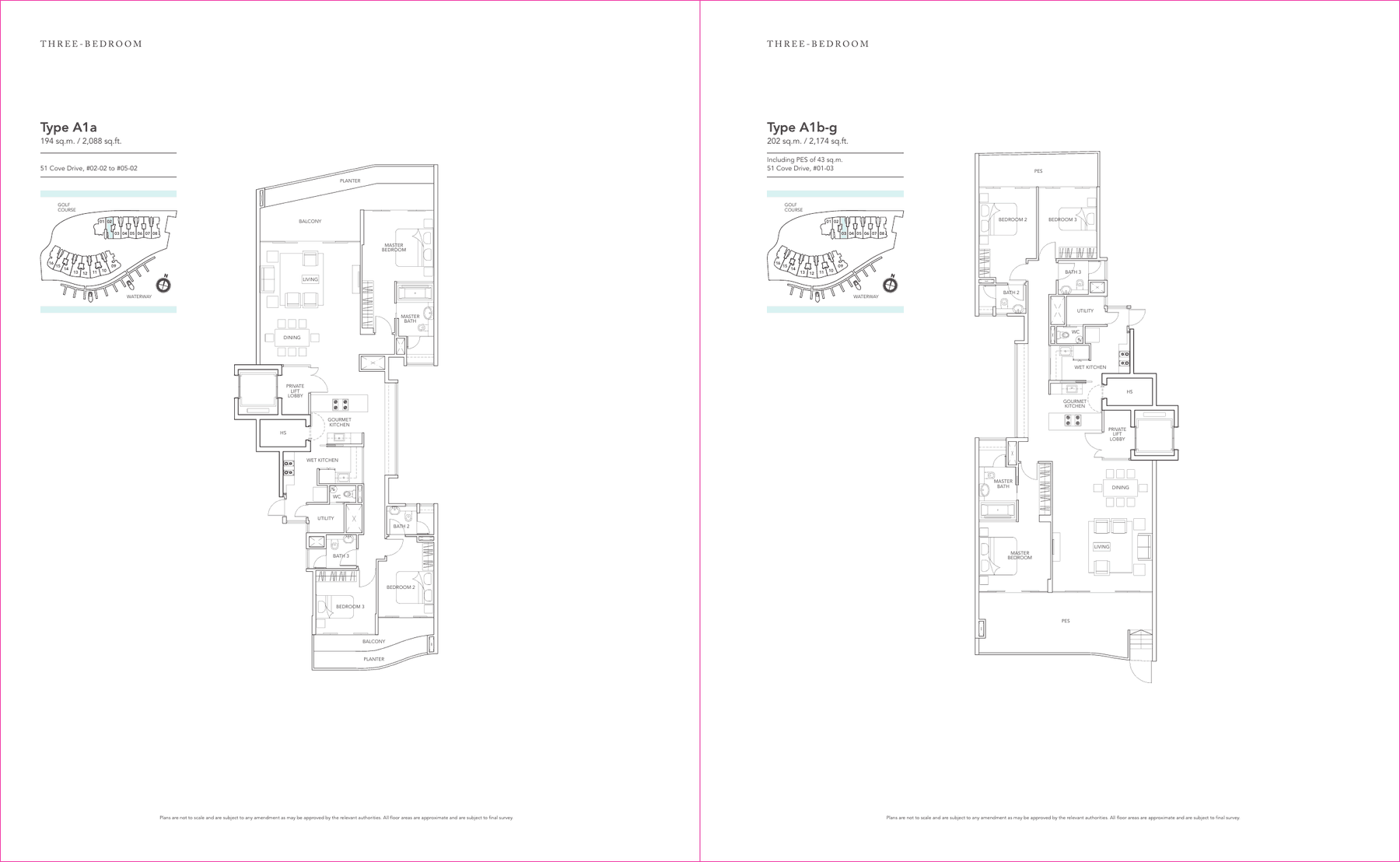 3-Bedroom · Type A1a / A1b-g · 2,088 and 2,174 sqft